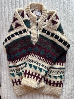 Cozy Fair Isle Cream Cardigan Sweater with Teal & Burgundy Accents